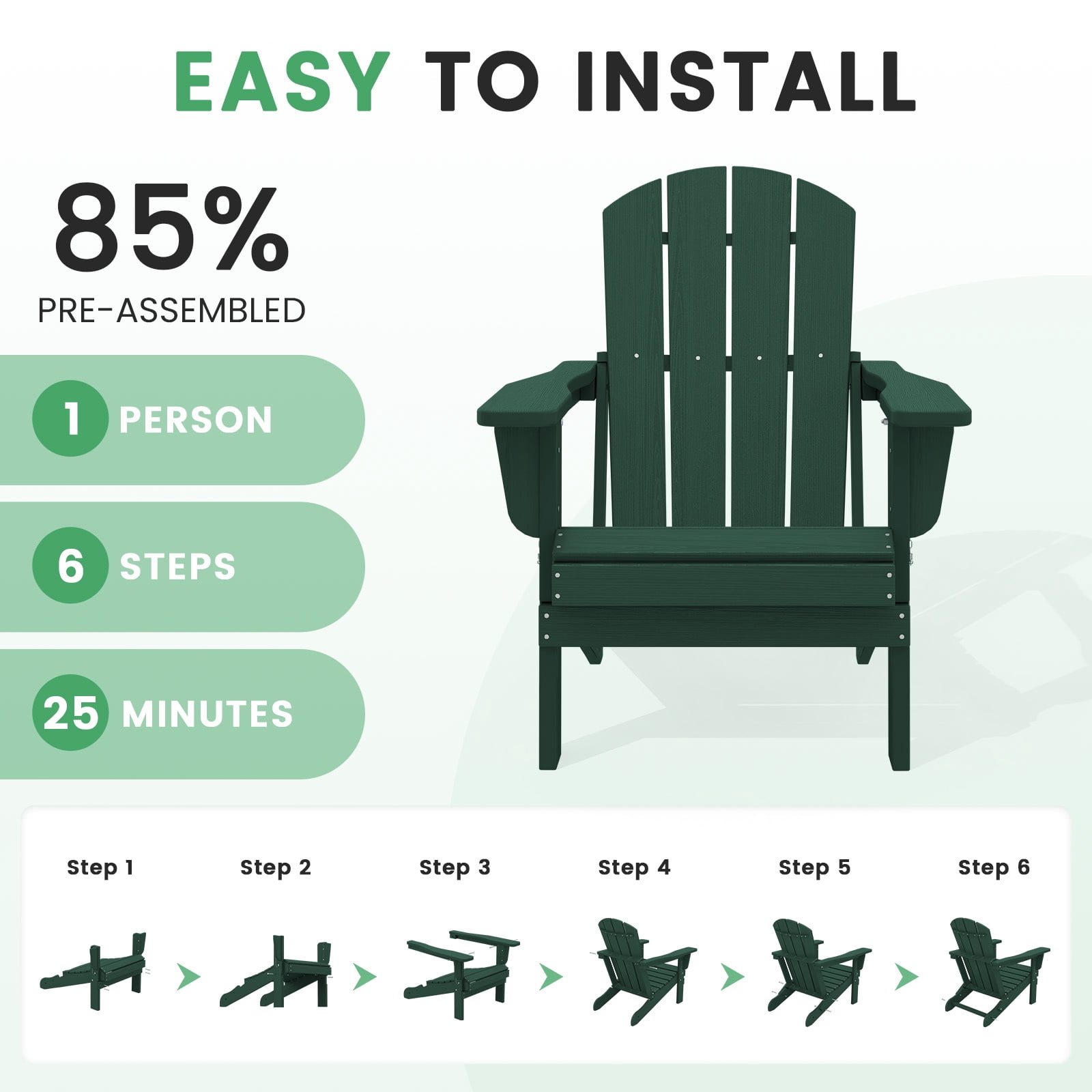 LOYALICE Outdoor Patio Chair, HDPE Plastic Adirondack Chair, Dark Green