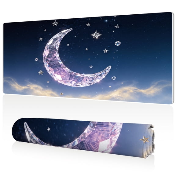 LIVEKEY Mouse Pad 80x40cm Extra Large Non Slip Stitched Edges Full Coverage Durable Easy Clean Pink Crystal Moon with Stars and Nebula on Blue Sky Background Art for Gaming Office