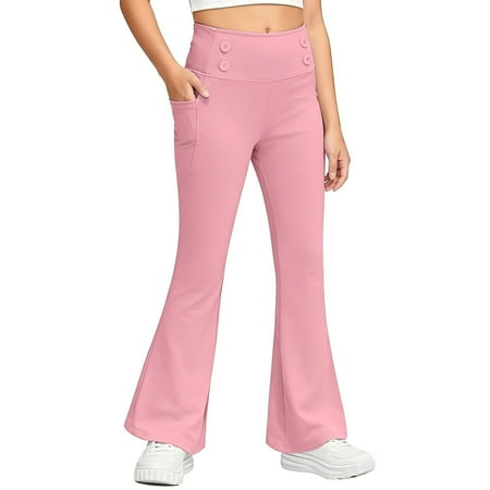 Bainana Casual Pants For Girls Solid Color Elastic Waist Flare Leg Leggings Jogger Pants Soft Casual Trousers Little Girls Modern Fit School Holiday Trousers Pink Size 9-10 Years