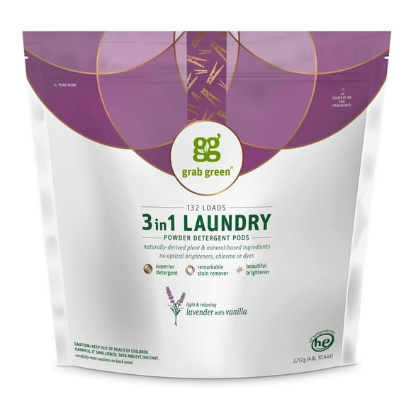 Grab Green, 3-in-1 Laundry Detergent Pods, Lavender with Vanilla, 132 Loads, 4 lbs, 10 oz (2,112 g)