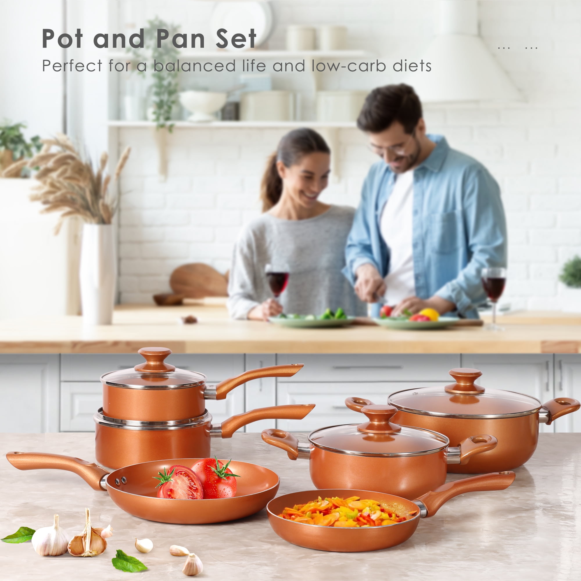 10-Piece Pots and Pans, White Ceramic Nonstick Copper Finish Cookware Set  with L