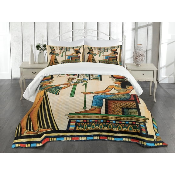 Ambesonne Egyptian Quilted Bedspread Set 3 Pcs, Old Egyptian Papyrus, Queen Size, Multicolor