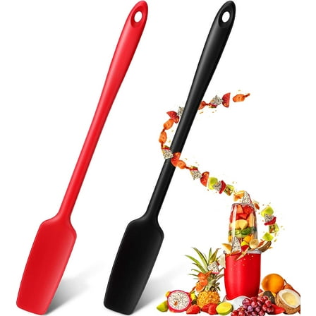 Long Handle Silicone Jar Spatula Kitchen Scraper Spatula Non-Stick Rubber Scraper Silicone Scraper for Jars, Smoothies, Blenders Cooking Baking Stirring Mixing (Red, Black,2 Pieces)