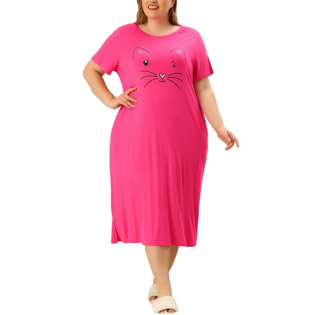 Agnes Orinda Nuisettes pour Femmes Grande Taille Col Ras du Cou Manches Courtes Robe de Nuit Imprimé Chats Pyjamas Détente Maison avec Poche 3X Rose