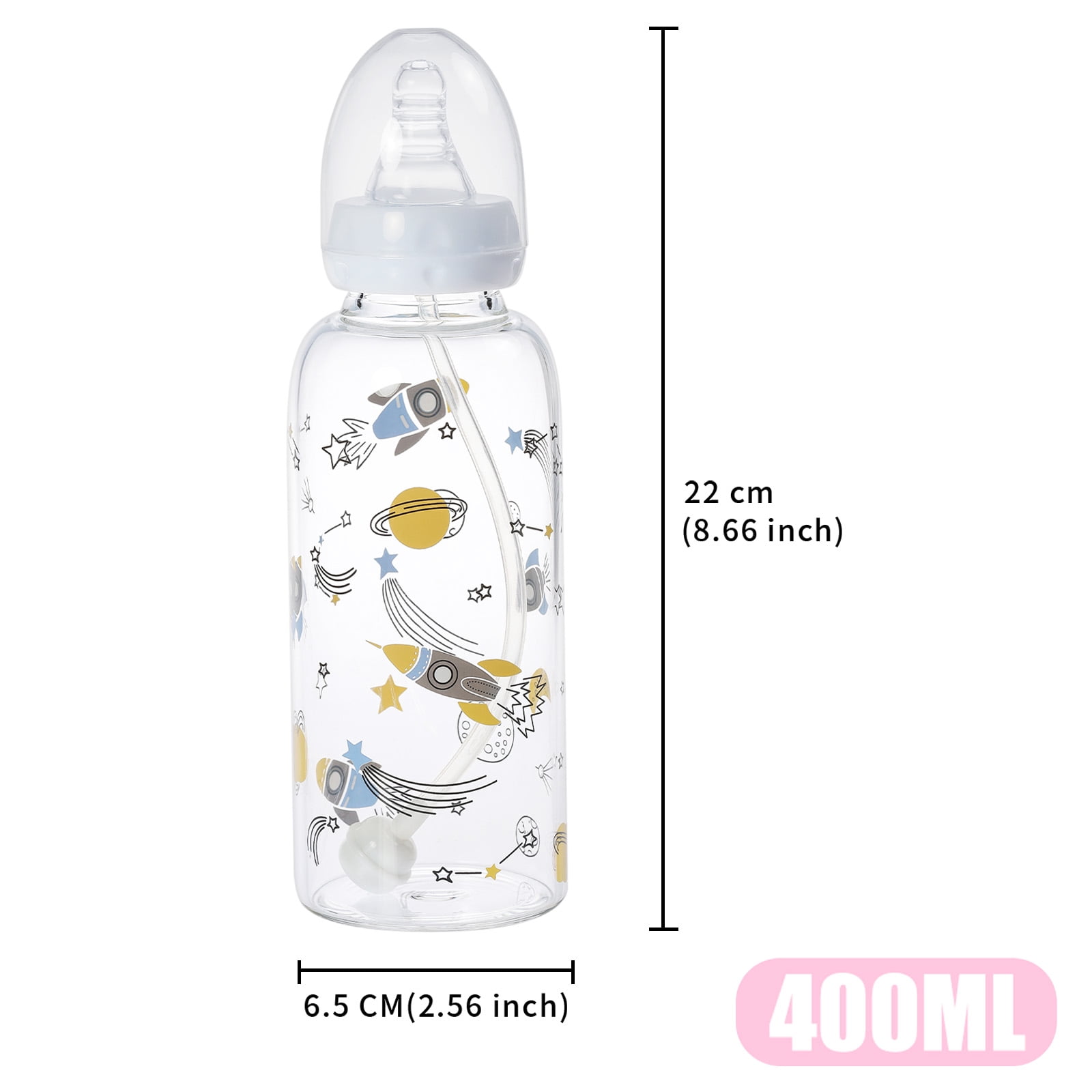 CutiePlusU Adult Glass Feeding Bottle Cute Printed Large Size Baby Bottles 13.5Oz/400ML Cosmic Adventurer