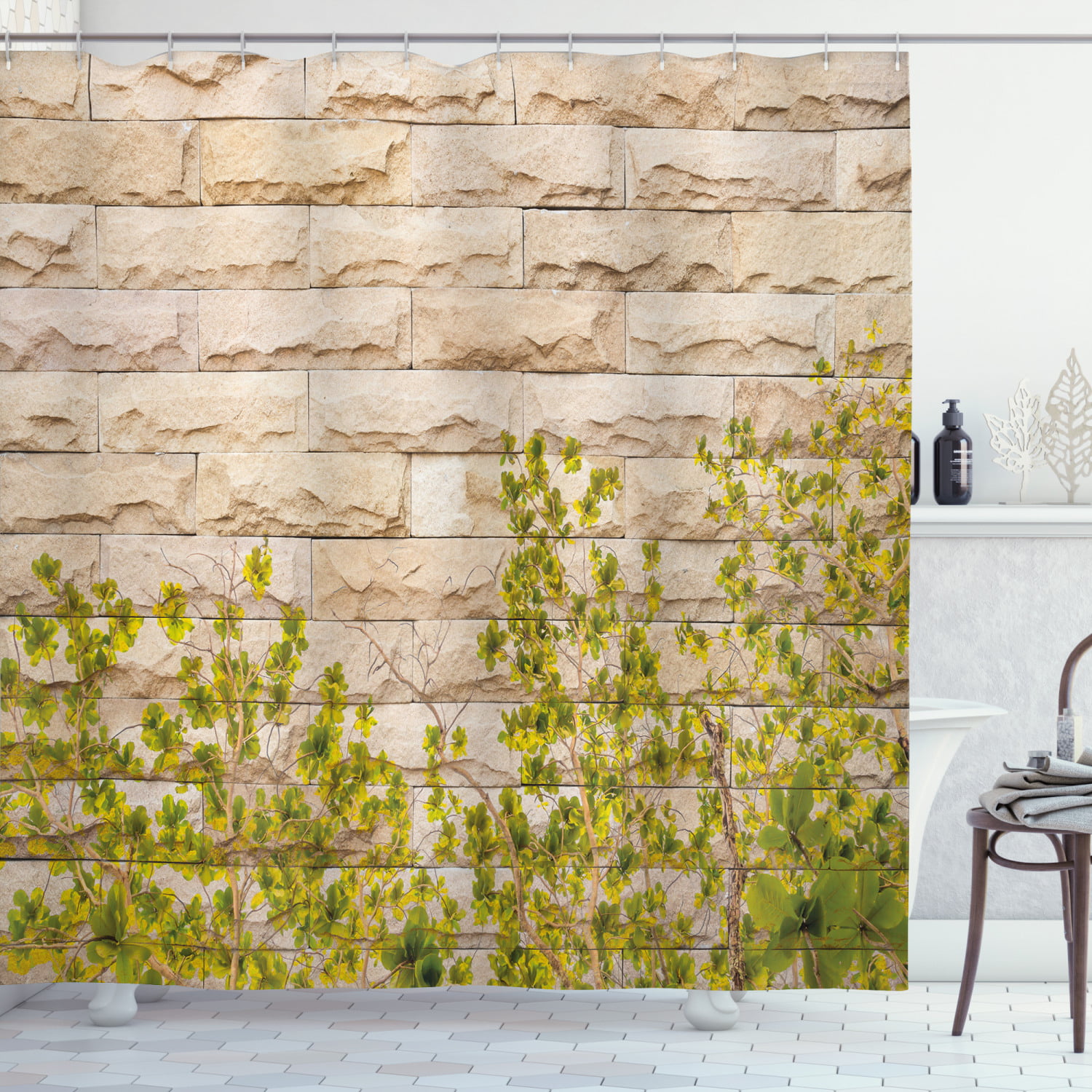 Details about   Beige Shower Curtain Brick Wall with Leaf Print for Bathroom