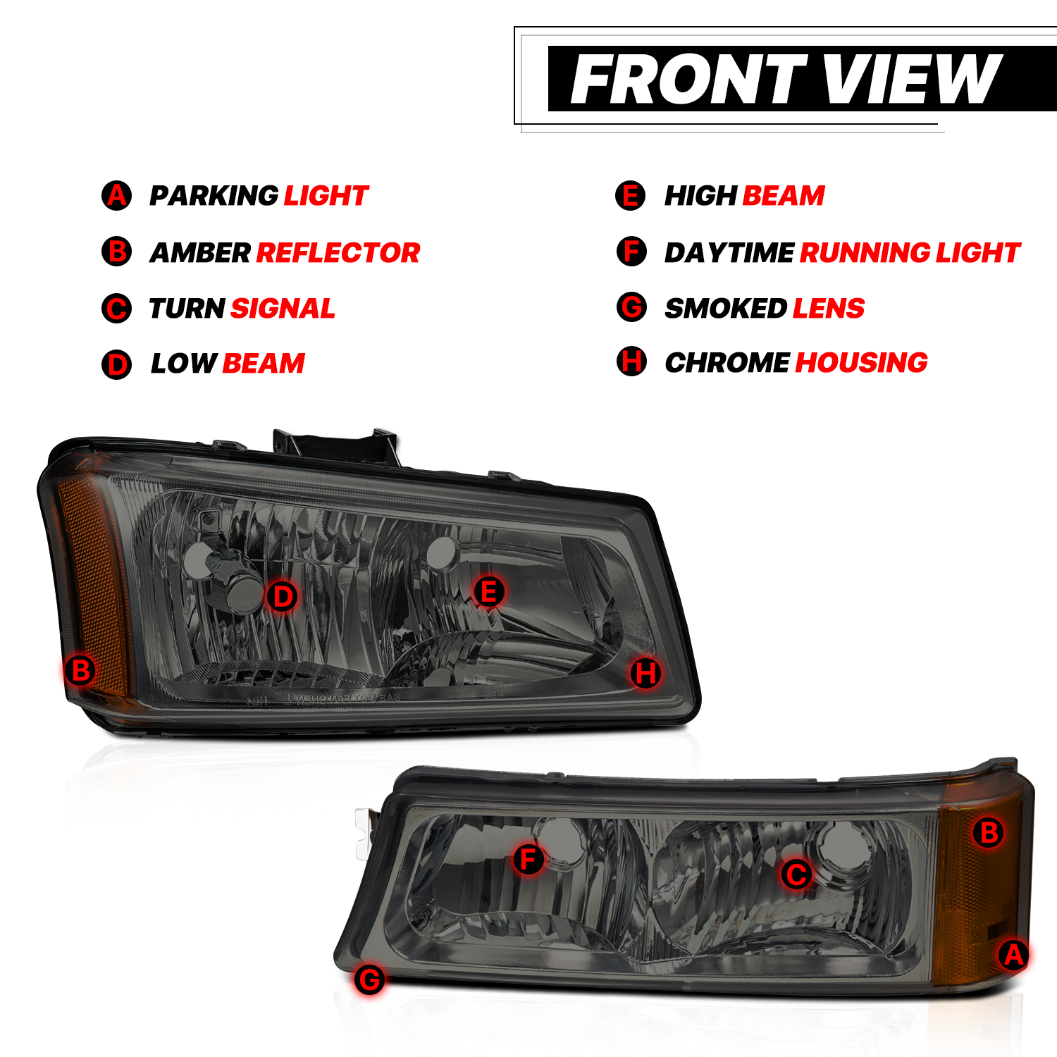 03-06 Chevy Silverado / Avalanche Smoked Corner Headlights – Amber Reflector, Chrome Housing, Pair