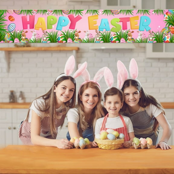 Happy Easter Banners Easter Banners for Outside Garden, Large Long Spring Bunny Easter Banner Egg Hunt Decorations, Easter Decorations and Supplies for Home Classroom Office