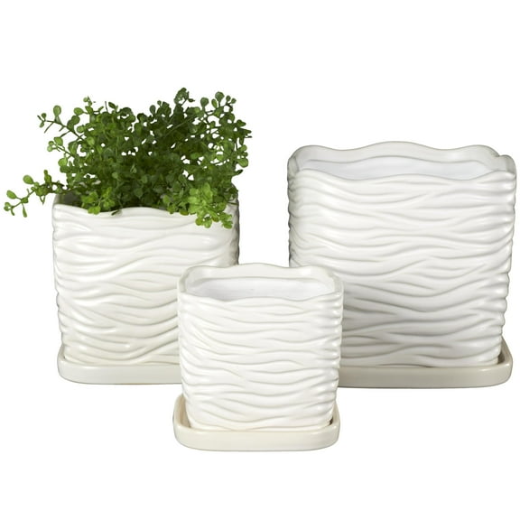 DecMode 7",6",5"H Wavy Ribbed White Ceramic Planter with Attached Saucer (3 Count)