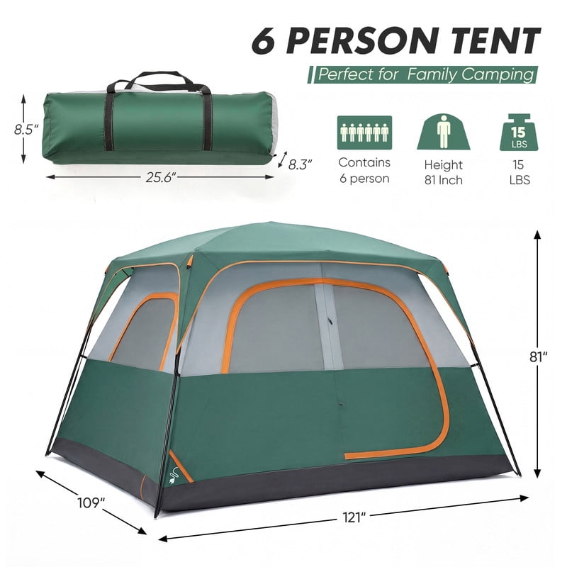 Gianna 6 Person Waterproof & Windproof Family Camping Tent with Large Interior, Easy Setup Cabin Tent with Mesh Windows & Skylights, Portable Outdoor Tent for Camping, Green