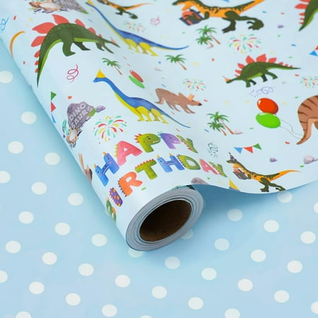 ZINTBIAL Dinosaur Reversible PresNok Wrapping Paper Roll - Boys & Girls Wrapping Paper - 17 Inch x 33 Feet - Great for Baby Shower, Kids Party - Blue Dinosaur Design with White Polka Dots Back
