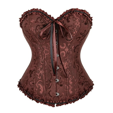 CHCNHAC Brown Corset Lingerie for Women Vintage Satin Lace Up Overbust Corset Floral Trim Strapless Shapewear Plus Size Boned Halloween Outfits XS