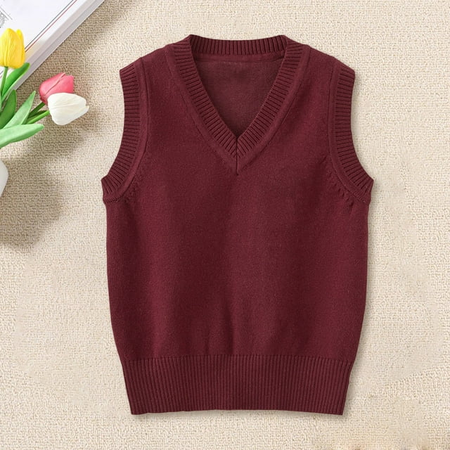 Kids' All-Season Knit Vest Uniform Approved Comfort Recess To Classroom Essential Cardigan Style Vest Soft Cotton Blend Ribbed Trim Primary Secondary School Wear Wine 110