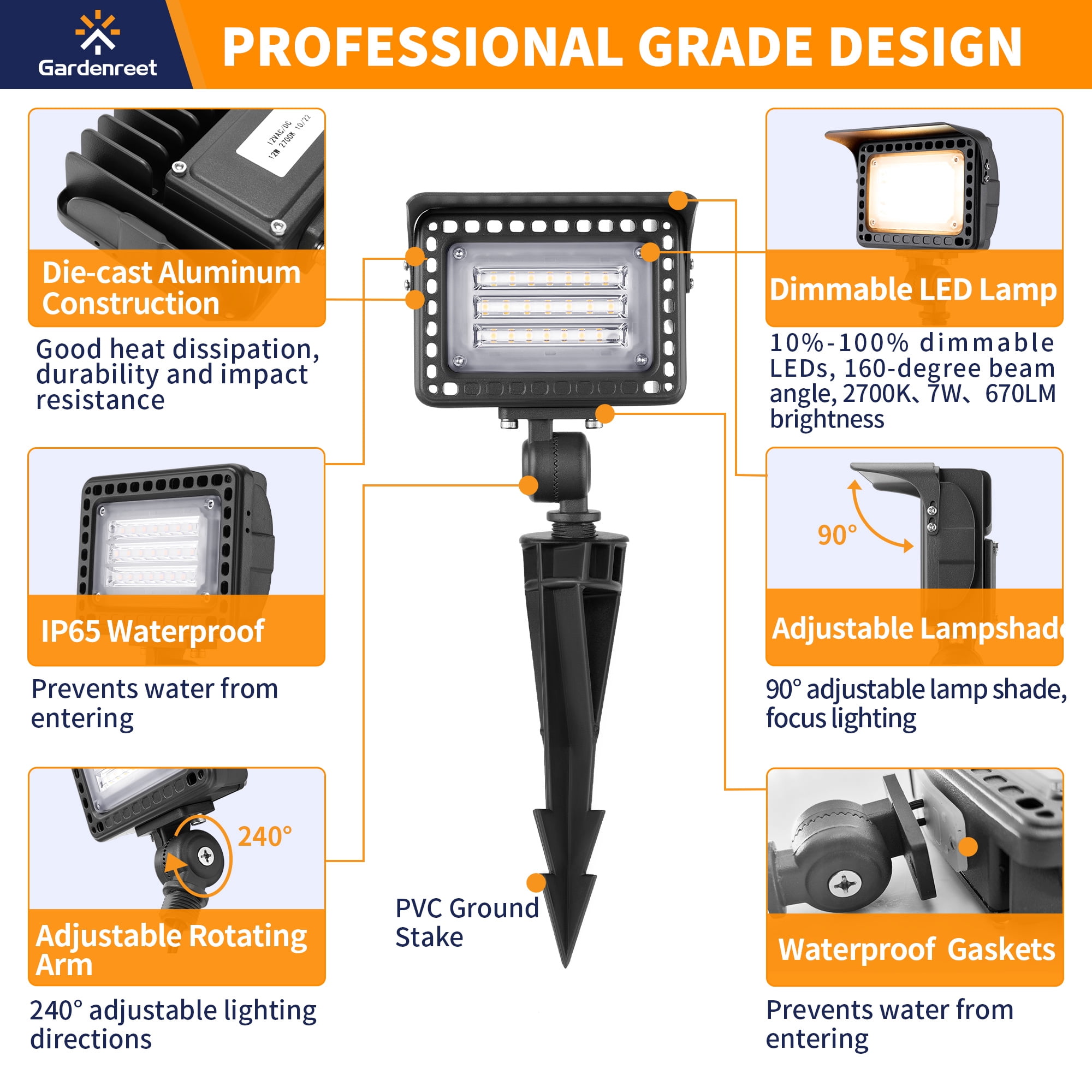 Gardenreet 7W Flood Light Outdoor Waterproof Dimmable LED, Die-cast Aluminum Landscape Fixture, 2700K 670LM, 12V Low Voltage Adjustable Angle Uplight For Patio/Flag/Signage Lighting(10 Pack)