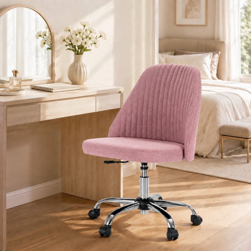 BEAUTYPEAK Armless Vanity Chair Adjustable Swivel Fabric Desk Chair with Padded Seat Wheels Mid-Back Office Chair, Pink