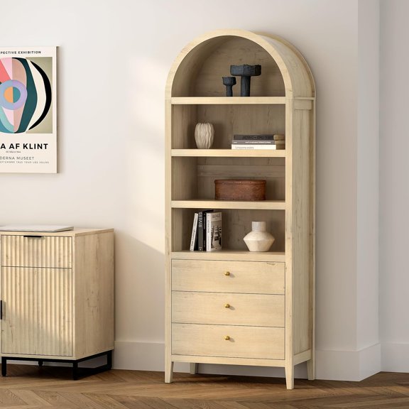 71" Tall Arched Cabinet, 4-Tier Arched Bookcase with 3 Drawers and Shelves, Modern Farmhouse Bookshelf Kitchen Pantry for Living Room Bedroom, Light Oak
