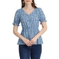 thumbnail image 1 of INSPIRE CHIC Women's Faux Placket Ruffle Hem Puff Sleeve Button Decor Peplum Top S Blue, 1 of 5