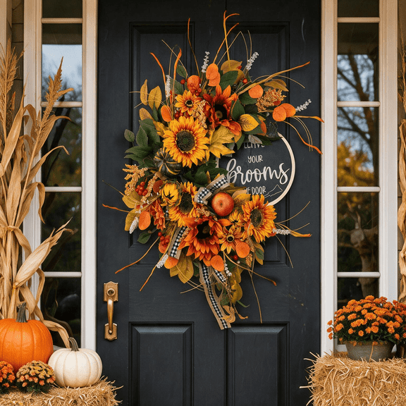 24-inch Artificial Fall Sunflower Wreath for Front Door with Pumpkins, Apples, Berries, Plaid Bow and Harvest Sign