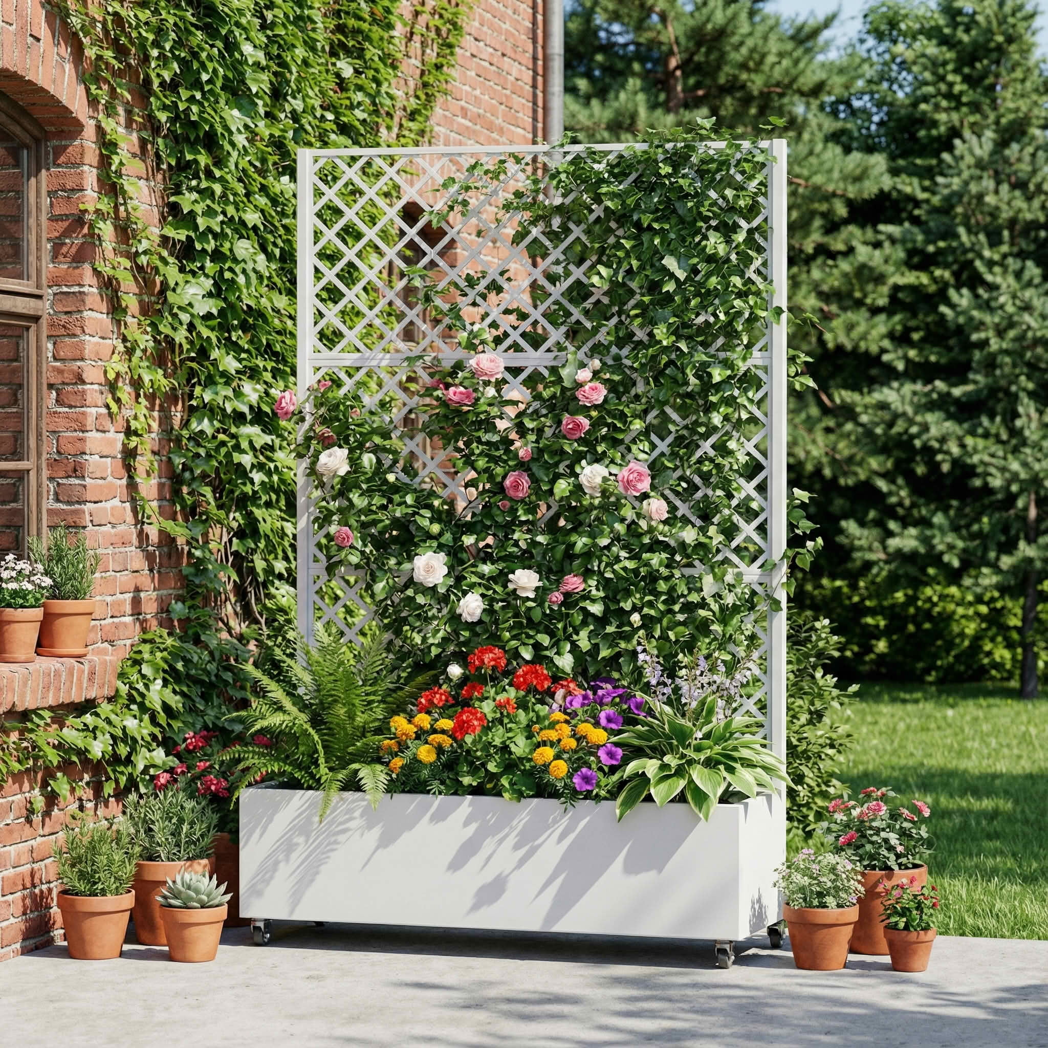 MAYEERTY 72X47" Metal Outdoor White Privacy Screen with Planter Box for Backyard & Garden, 3 Piece Set