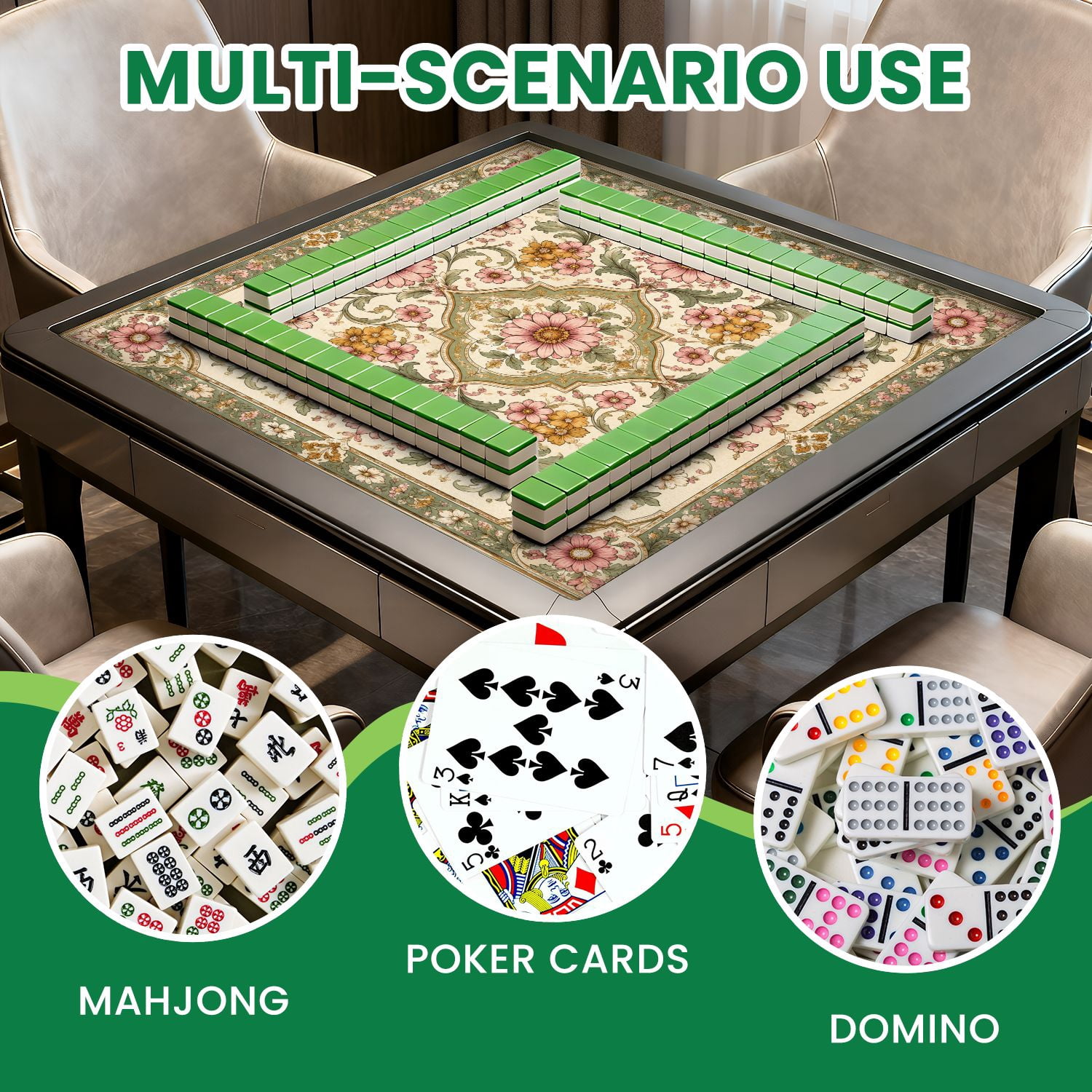 Mahjong Mat 31.5" x 31.5" Floral Ornamental Birds Foliage Soft Pastels Non-Slip Noise Reduction Mahjong Tiles Table Cover for Dominoes Poker Card Board and Tile Games
