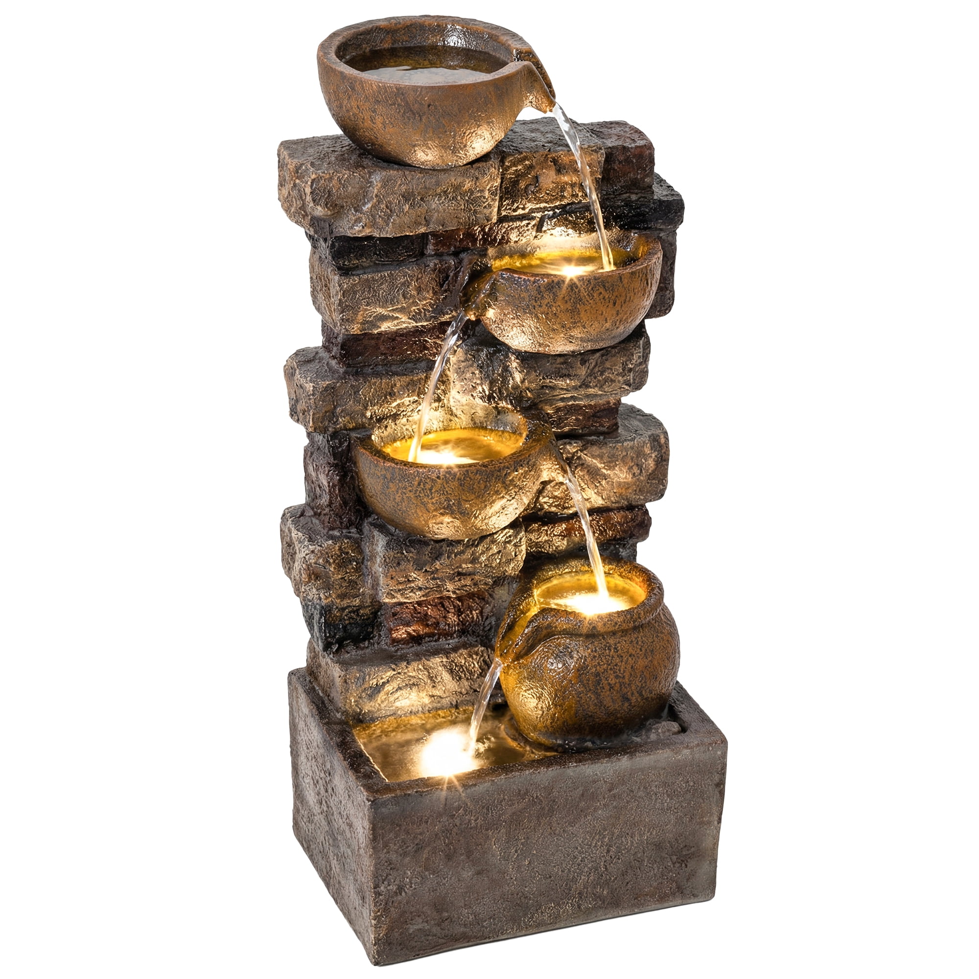 Outsunny Outdoor Fountain with 5-Tier Rustic Jugs and Rock, Resin Freestanding Garden Fountain with LED Lights, Adjustable Flow, Rustic Brown