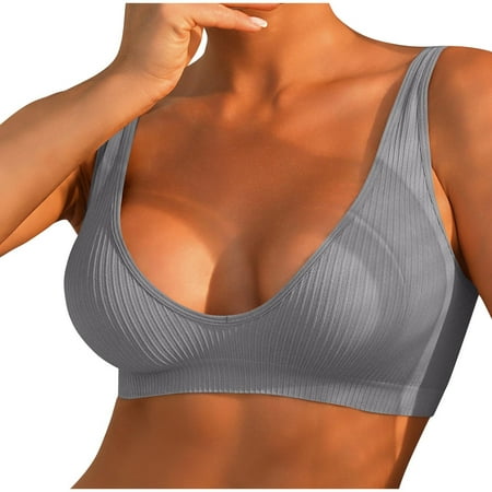 Plunge Ribbed Stretch Bras for Woman V Neck Seamless Wirefree Bra Sexy Sports Workout Bra