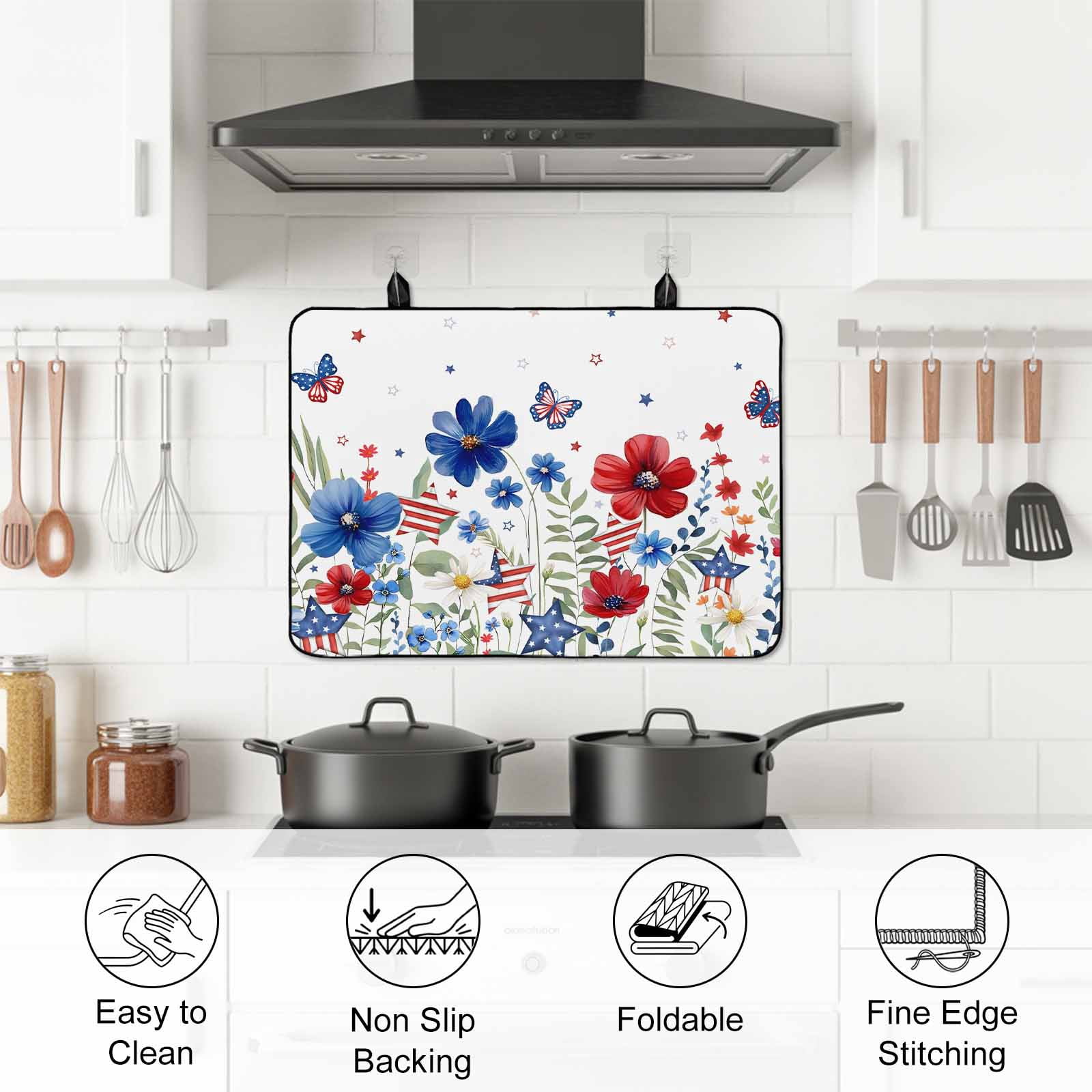 Blue Red Spring Floral Stove Top Cover for Electric Stove, Heat-proof & Non Slip Glass Top Stove Cover Protector, Pastoral Flowers Butterflies Watercolor Kitchen Flat Cooktop Rubber Mat 24x21 Inches