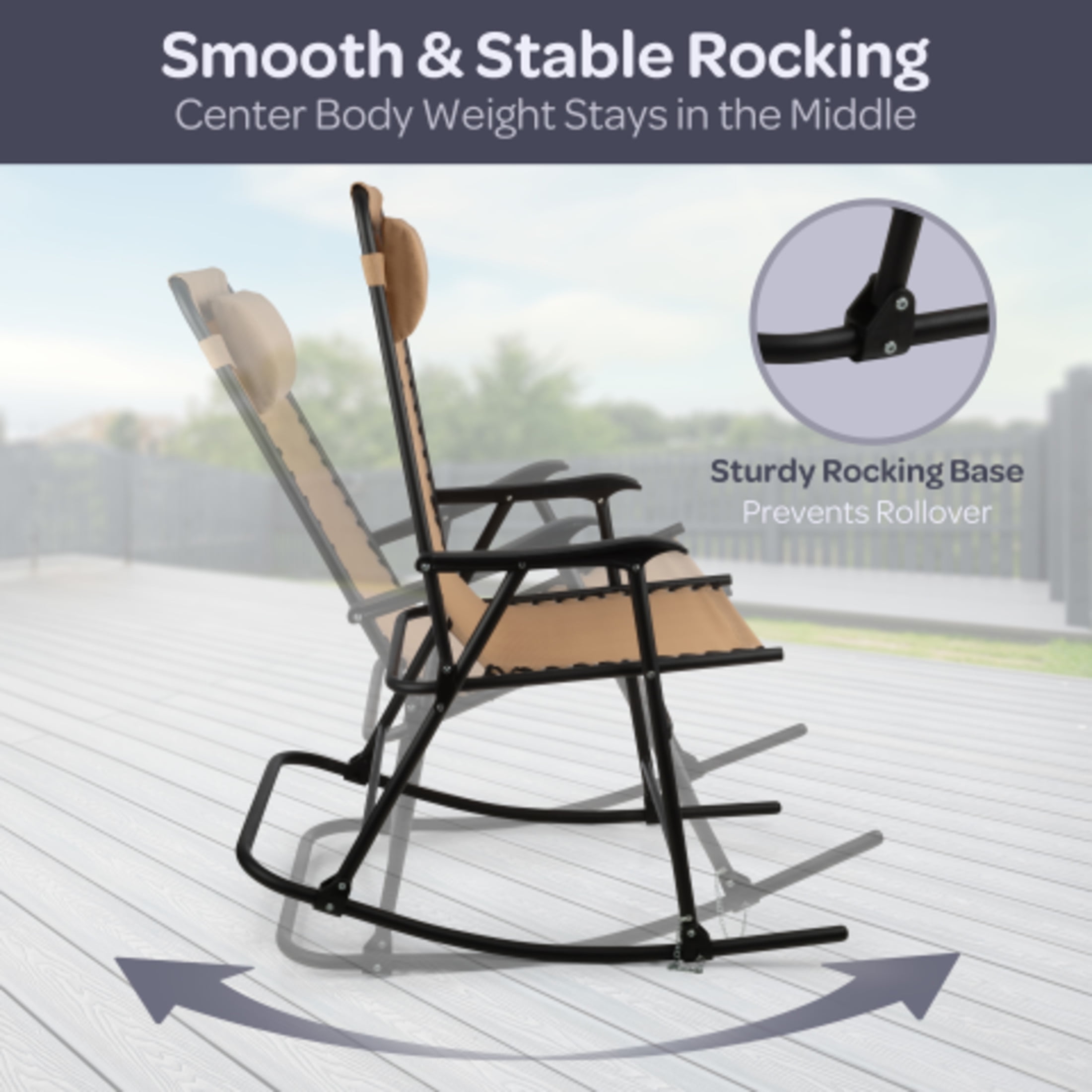 Lavish Home Outdoor Rocking Chair – Foldable Camping Chair with Pillow, Bungee Support and 309 lbs Capacity, Beige