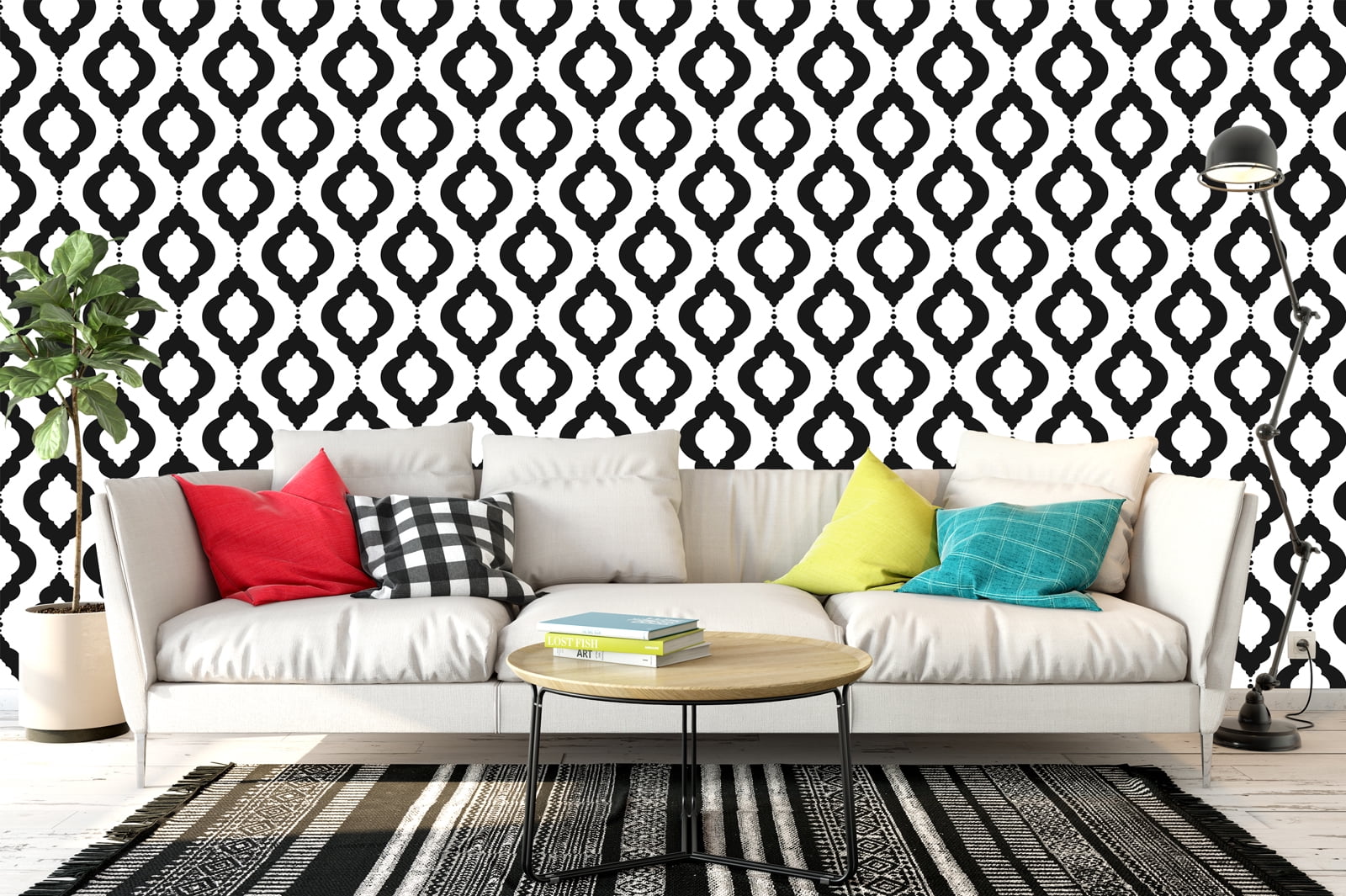 Peel and Stick Wallpaper Removable Black/White Trellis Mural Home Wall Decor 17.7in x 9.8ft