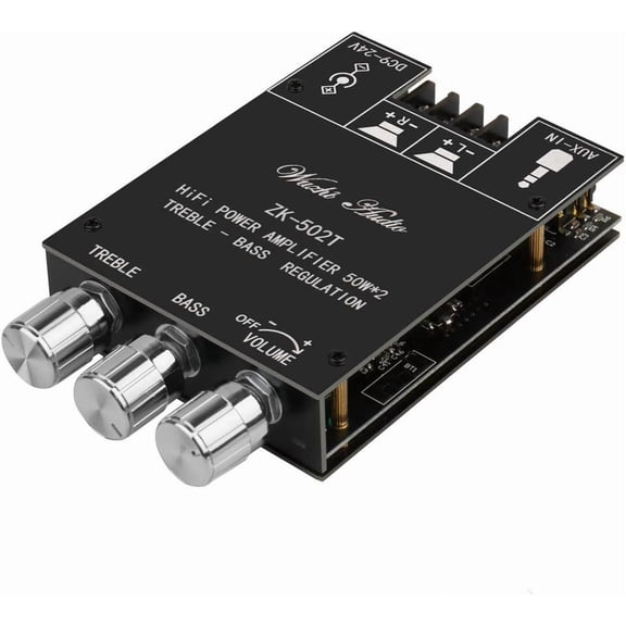 ZK-502T Power Amp Bluetooth 5.0 Audio Amplifiers Board 2.0 Channel 50W 50W AUX BT DC12-24V Mini Stereo Amplifier Module with Treble and Bass for DIY Home Speakers