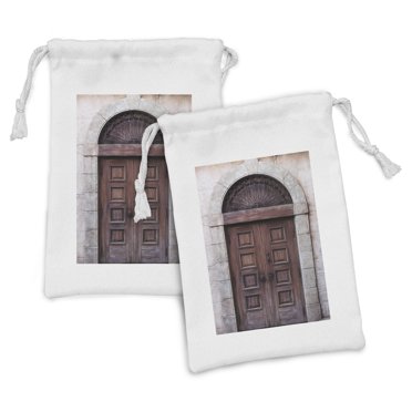 Rustic Fabric Pouch Set of 2, Arched Wooden Venetian Door with Eastern Royal Ottoman Elements European Culture, Small Drawstring Bag for Toiletries Masks and Favors, 9" x 6", Brown Cream, by Ambesonne