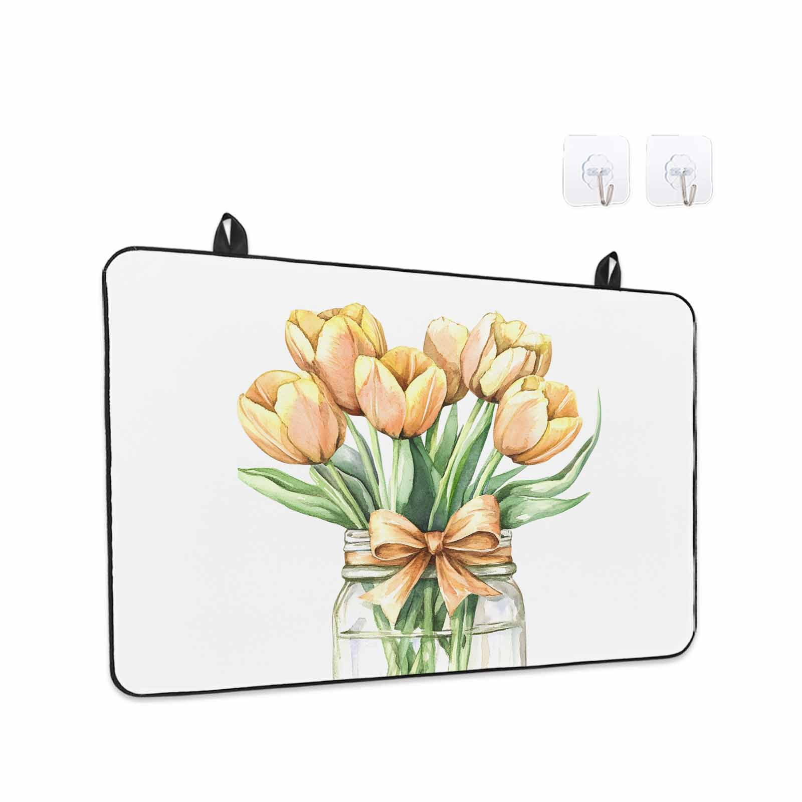 Spring Floral Yellow Stove Top Cover for Electric Stove, Heat-proof & Non Slip Glass Top Stove Cover Protector, Botanical Tulips Flower in Vase Kitchen Flat Cooktop Rubber Mat 24x21 Inches