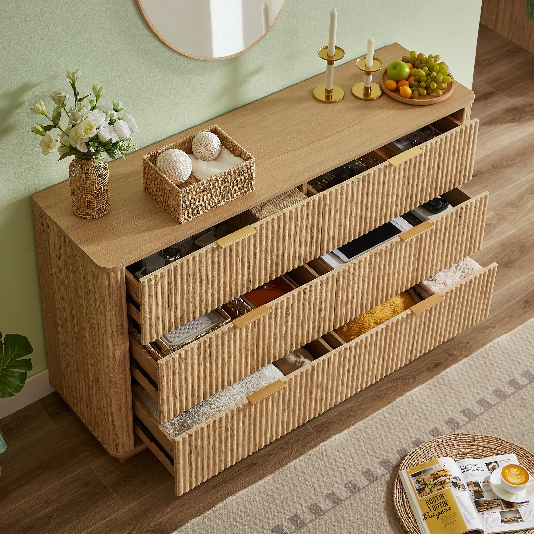 Noble House Relic 55" 6-Drawer Dresser, Modern Hallway Chest of Drawers with Curved Wave Panels and TV Stand, Oak