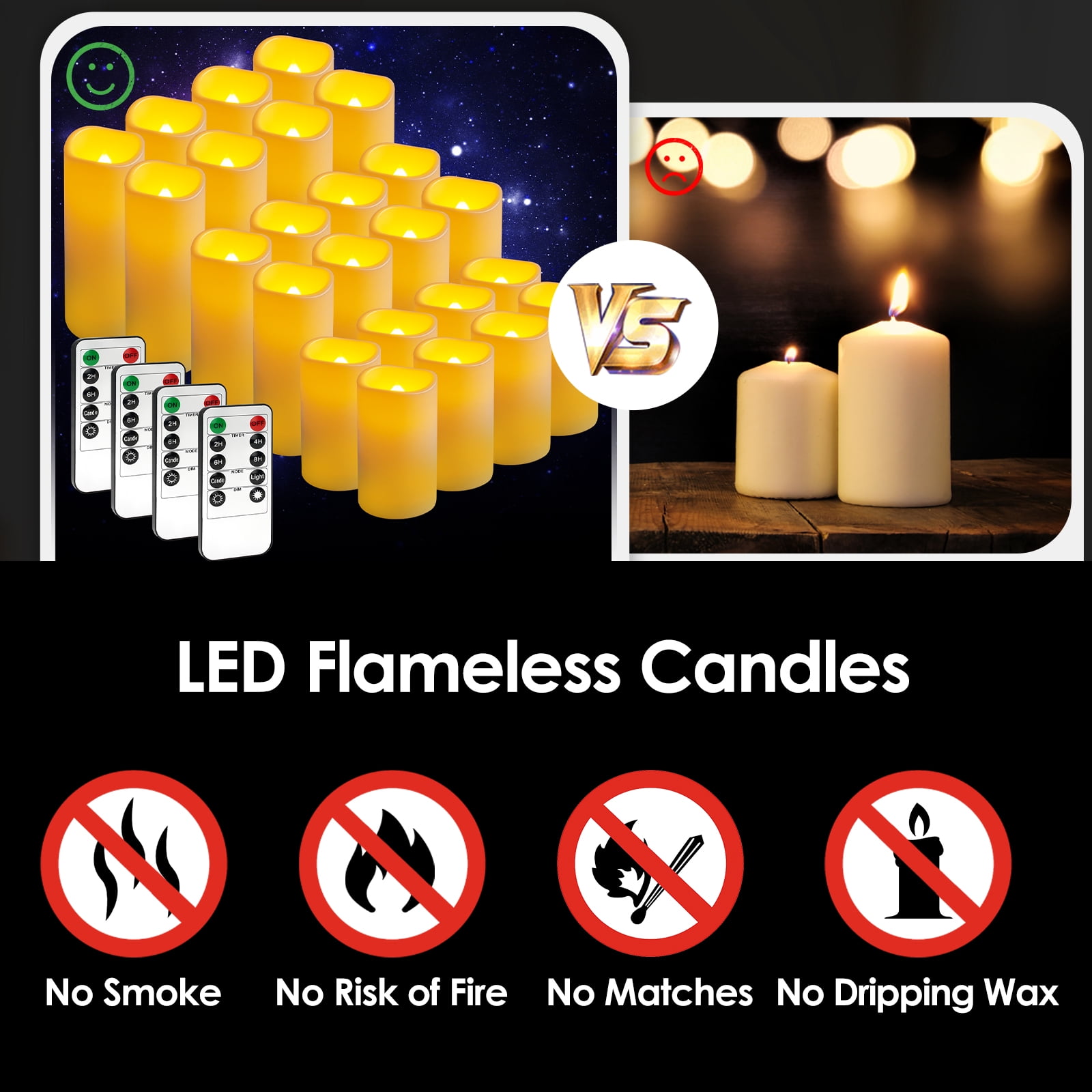 24 Pack LED Flameless Candles (Ivory) - Slim Tall Pillar, Plastic Flickering, 2 Remote Controls, for Wedding HalloweenBirthday Decor