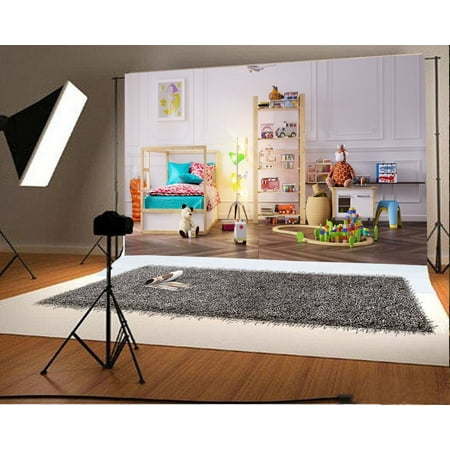 Image of MOHome 7x5ft Kinder House Bedroom Backdrop Toys Bear Wood Bed Frame Building Block White Wall Interior Cartoon Photography Background Baby Kids Children Photo Studio Props
