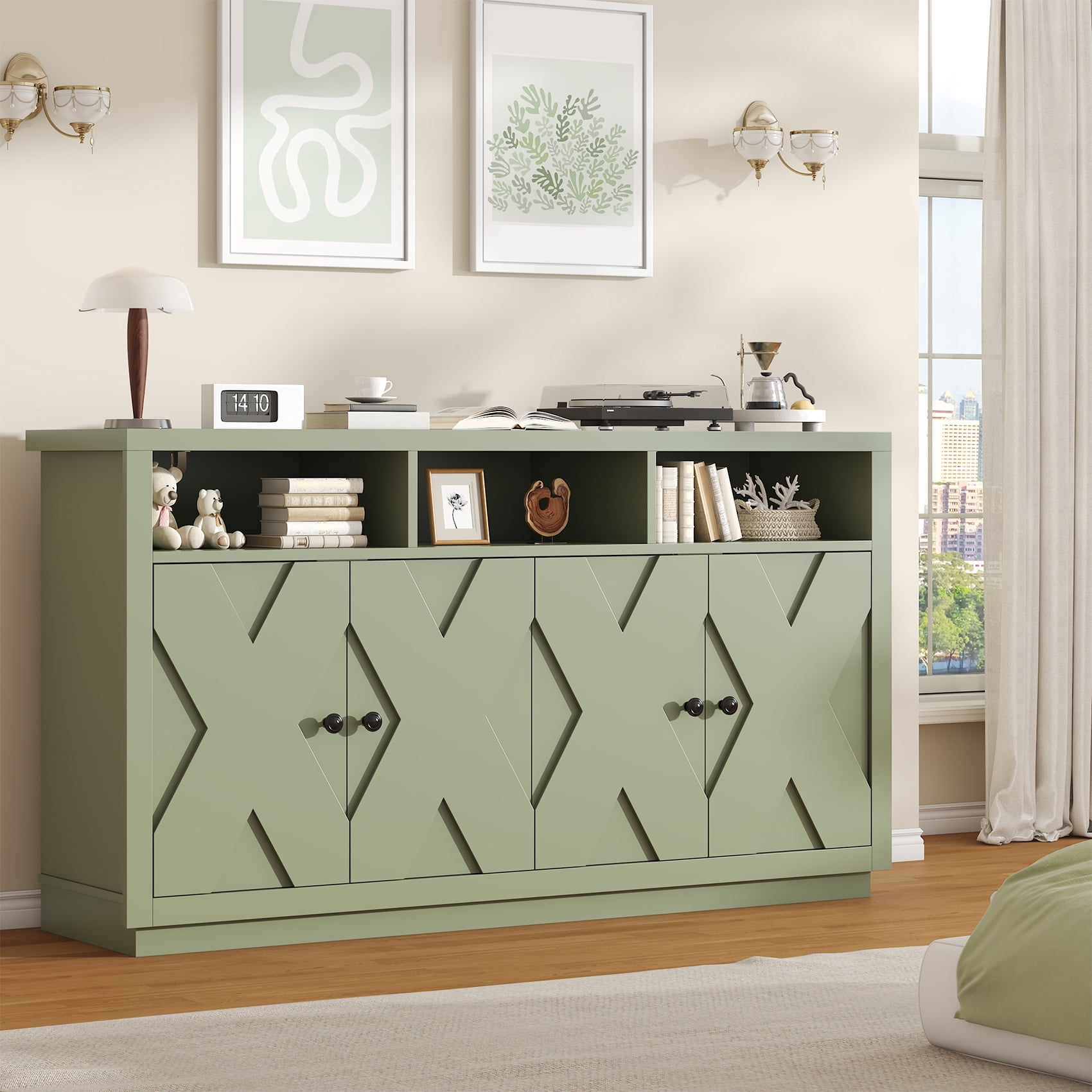 HAUXITIO 60" Farmhouse Buffet Cabinet with 4 Doors & Open Shelves,Kitchen Storage Sideboard for Dining Room & Living Room,Green