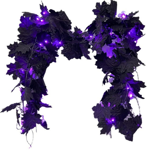 Wadada Halloween Garland with Purple Lights Black Leaf Garland, Black Artificial Maple Leaves Decor, Home Mantle Stairs Indoor, Fall Fake Garland Decorations Hanging Wall Door Outdoor,1 Pack (Purple)