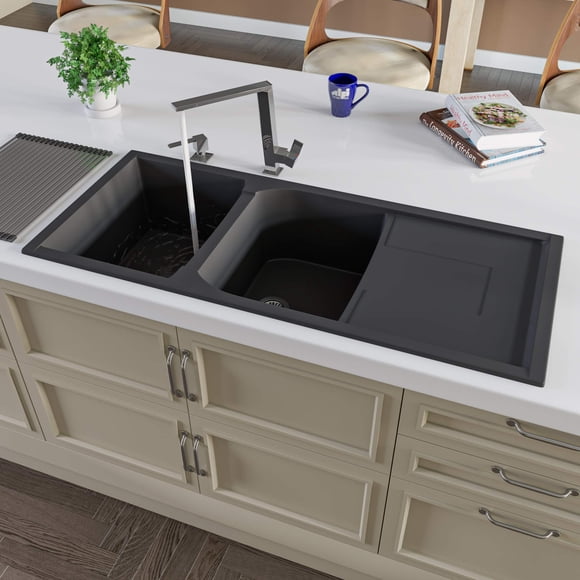 Alfi Brand AB4620DI-BLA Black 46 Double Bowl granite composite Kitchen Sink with Drainboard