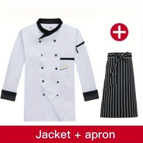 2Pcs Set with Apron Chef Uniform Long-sleeved Catering Hotel Work Clothes Men and Women Chef Uniforms Western Restaurant Hotel Chef Overalls Long-sleeved Breathable