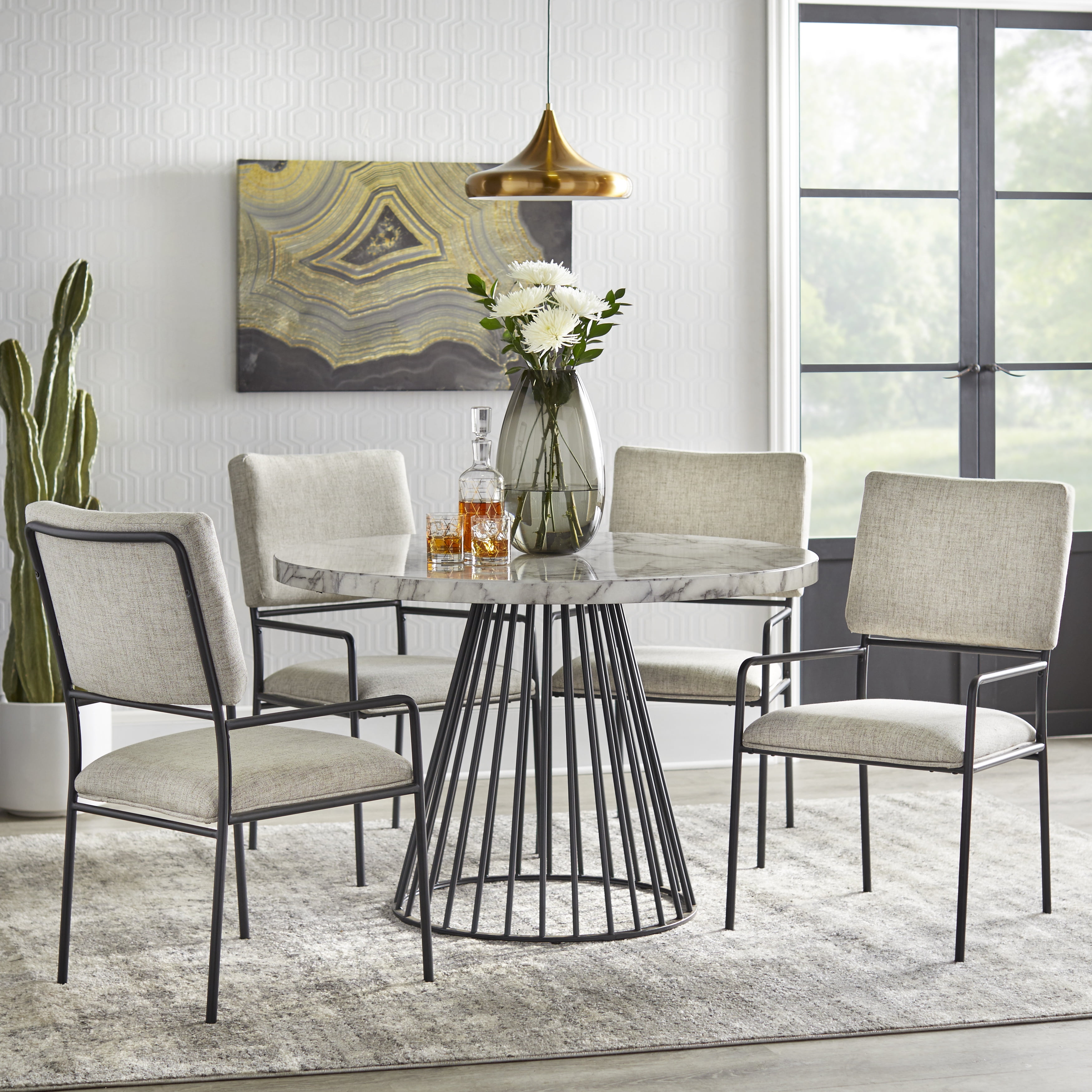 TMS Indra 45" Round Indoor Dining Table, Black/Cream Faux Marble