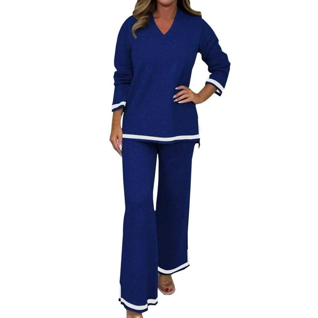 Ladies Casual Solid Color Knitted Long Sleeve Pants Suit - Soft Imitation Fabric Two Piece Set, Loose Elastic Design for Spring/Autumn/Winter, Suitable for Daily/Party/Holiday