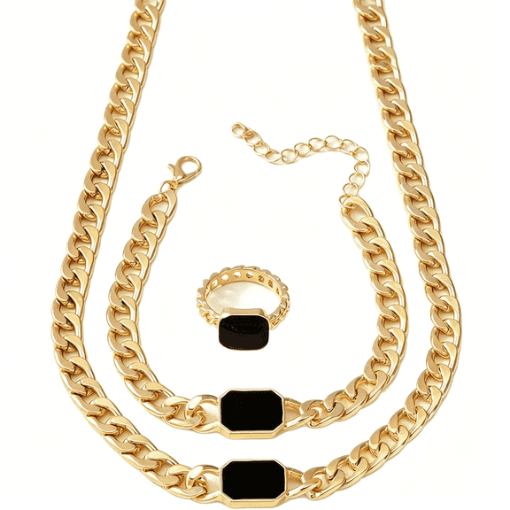 DESIGNICE Minimalist Black Square Jewelry Set Gold Silver Plated Boho Enamel Black White Geometric Chunky Chain Necklace Bracelets Finger Rings for Women Men Wedding Christmas
