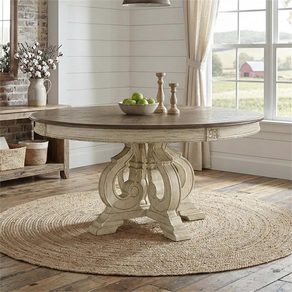 Furniture of America Clyde Rustic Wood Round Dining Table in Antique White