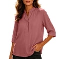 thumbnail image 3 of Vivianyo HD Women's Mandarin Collar Half Henley Placket Blouse, Curved Hem Three Quarter Sleeve Shirt For Women, Spring Summer Lightweight Tunic for Park Visits and Casual Lunches, Sizes S-2XL, 3 of 7