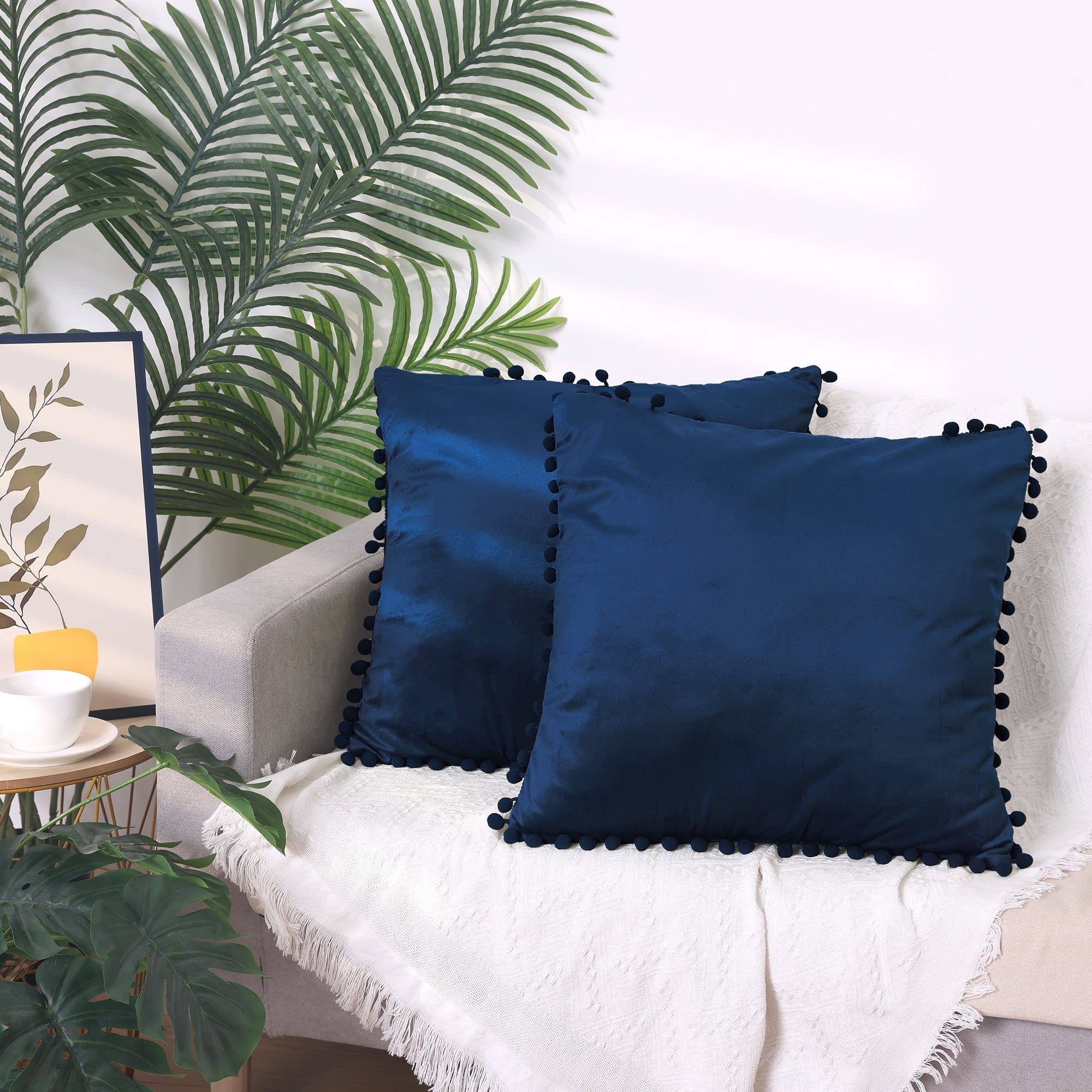 Unique Bargains 2 Velvet Throw Pillow Covers Pompoms Decorative Pillow Cases Cushion Cover Dark Blue 20" x 20"