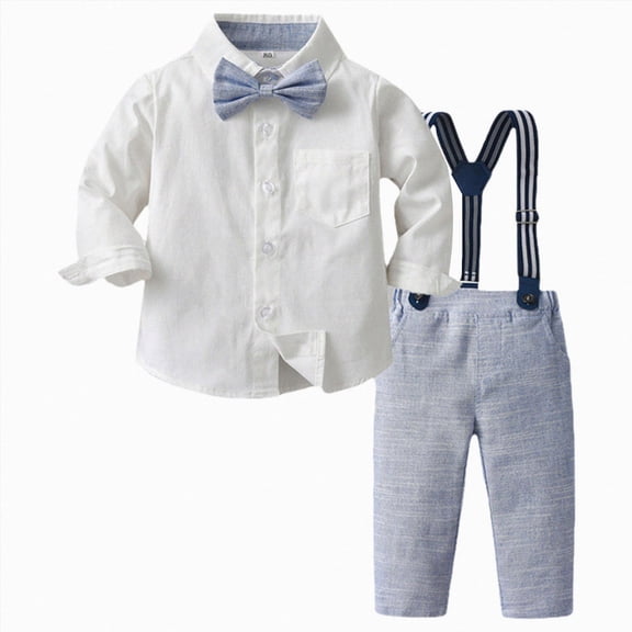 Wonitaaizi Toddler Kids Baby Boys Formal Suit Gentleman White Shirt with Bowtie Suspender Pants Overalls Clothes (6-7 Years,Blue)