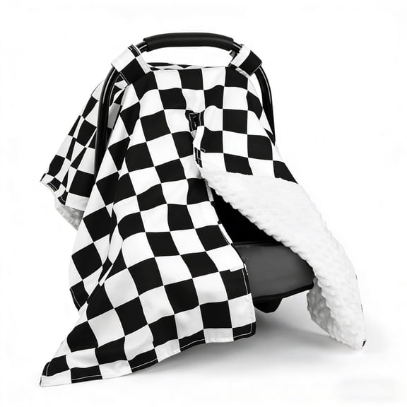 Ultra-soft and breathable baby car seat cover, baby seat cover with peephole, nursing cover, car seat sunshade, black and white checkered pattern. Suitable for all seasons.
