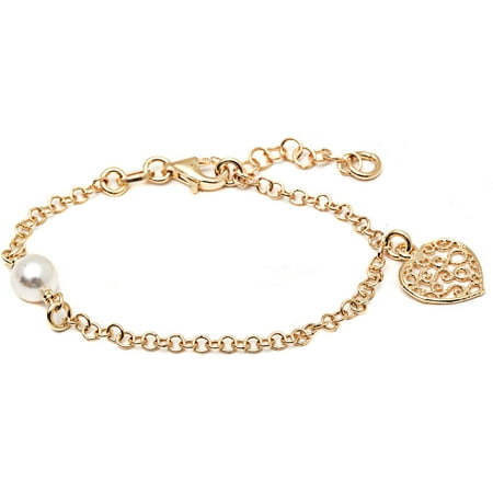 Pearl 18kt Gold-Plated Sterling Silver Kids' Bracelet with Filigree Heart Charm, 6 Rolo Chain