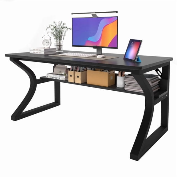 47/55 Inch Gaming Desk with Storage Shelves, Long Home Office Computer Writing Desks Modern Study Work Table Vintage