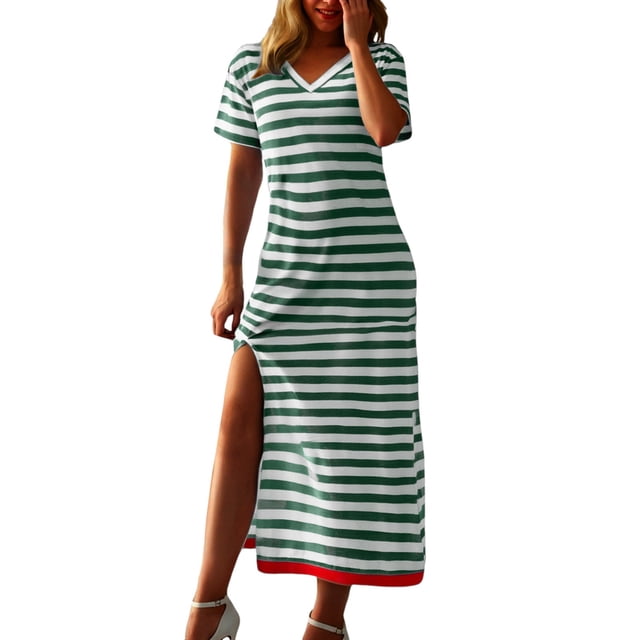XDZJLR Robes pour Femmes Formelles Mode Manches Courtes Maxi T-Shirt Rayé Longue Jupe Maxi à Blocs de Couleur